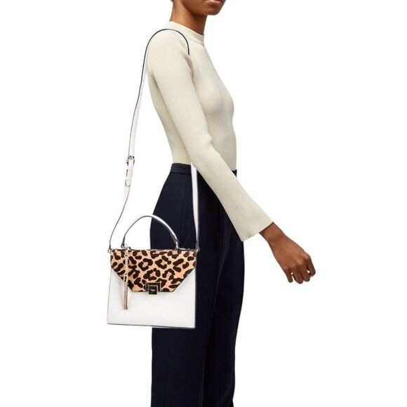 Dune London White Saffiano Leather Leopard Print Calf Hair Fur Trimmed Hand Bag - Picture 2 of 15